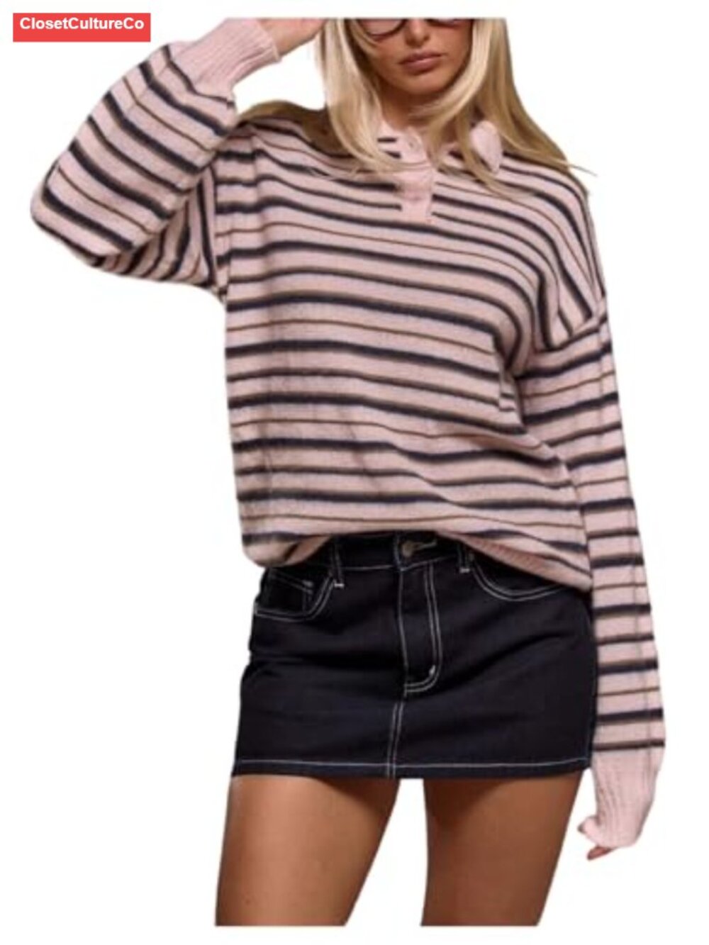 Striped Lightweight Collared Button Front Pullover Sweater Long Sleeve
